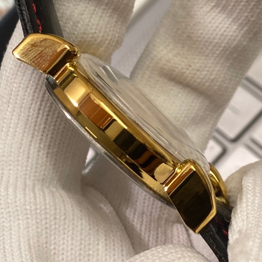 Vintage Mod Camy Red Face Golden Case Mechanical Hand Winding 17 jewels Black Leather Strap Men's Wrist Watch D73