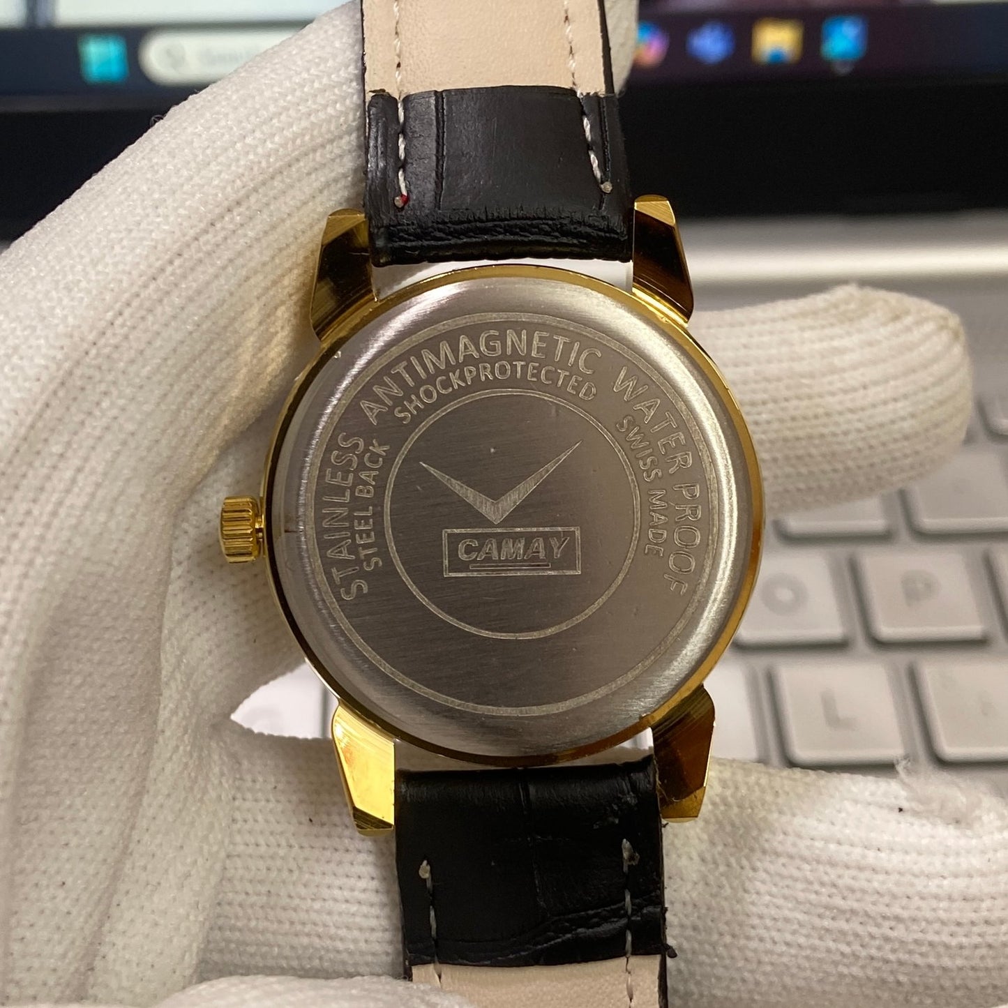Vintage Camy Red Face Golden Case Mechanical Hand Winding 17 jewels Black Leather Strap Men's Wrist Watch D73