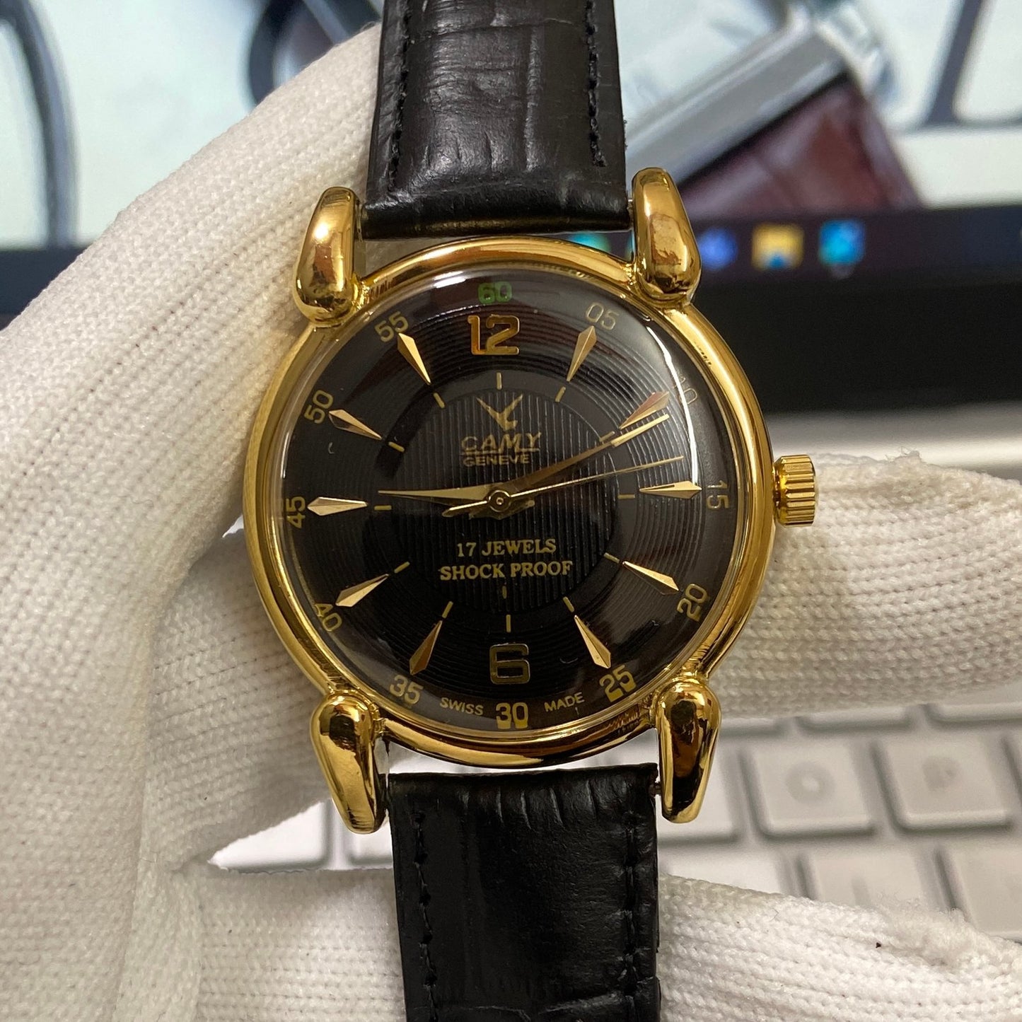 Vintage Camy Black Face Golden Case Mechanical Hand Winding 17 jewels Black Leather Strap Men's Wrist Watch D74