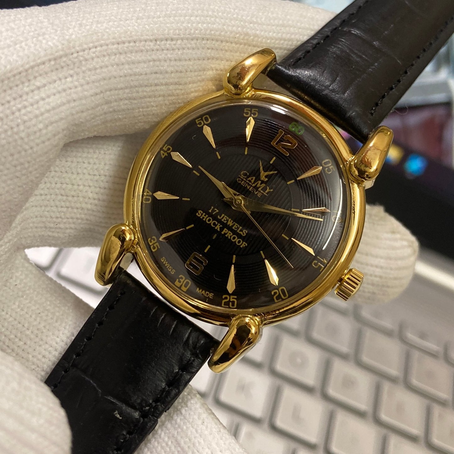 Vintage Camy Black Face Golden Case Mechanical Hand Winding 17 jewels Black Leather Strap Men's Wrist Watch D74