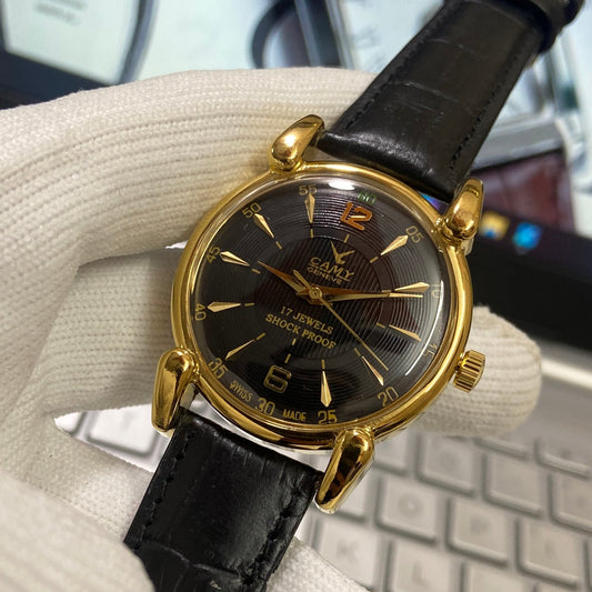 Vintage Camy Black Face Golden Case Mechanical Hand Winding 17 jewels Black Leather Strap Men's Wrist Watch D74