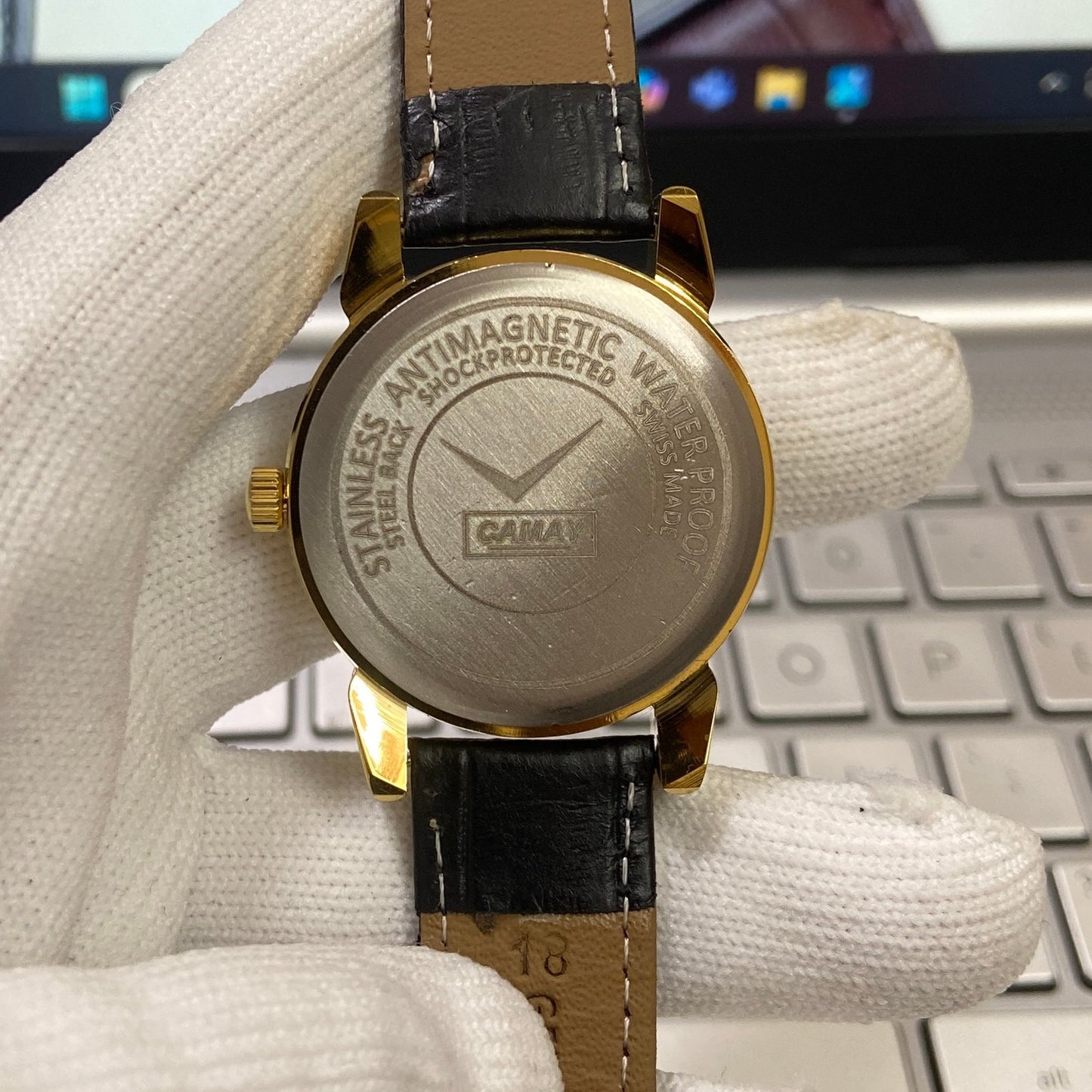 Vintage Camy Black Face Golden Case Mechanical Hand Winding 17 jewels Black Leather Strap Men's Wrist Watch D74