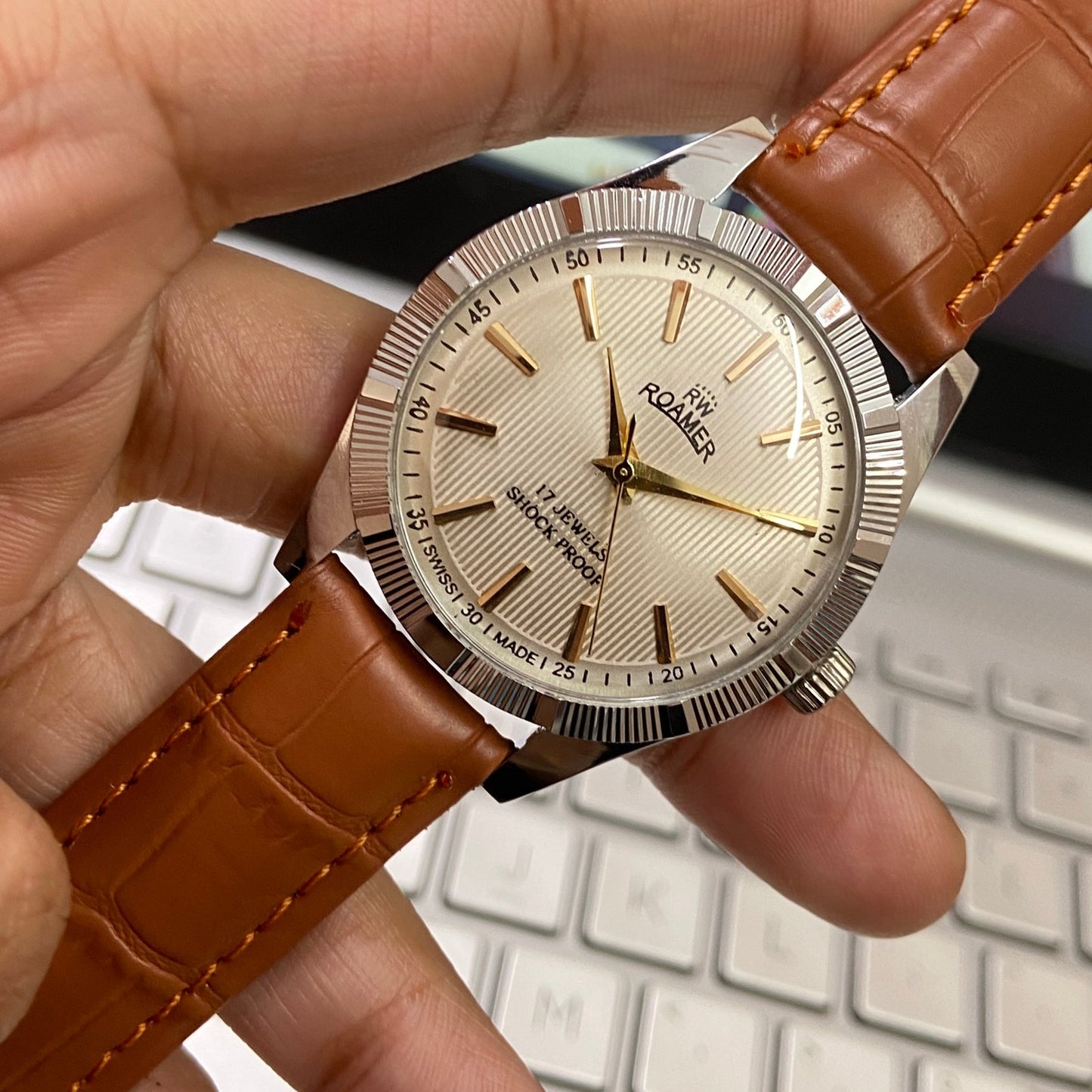 Vintage Roamer Silver Face Silver Case Mechanical Hand Winding 17 jewels Fluted Bezel Brown Band Men's Wrist Watch D84
