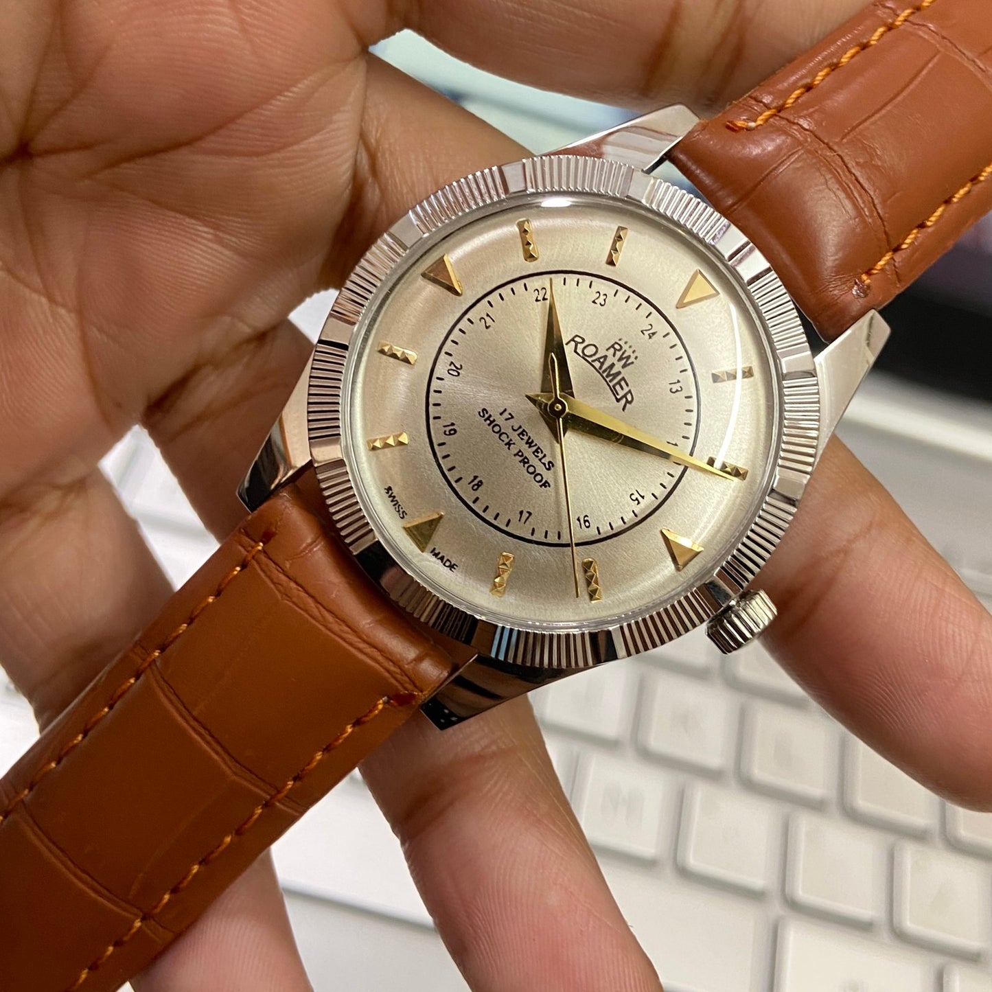 Vintage Roamer Silver Face Silver Case Mechanical Hand Winding 17 jewels Fluted Bezel Brown Band Men's Wrist Watch D85