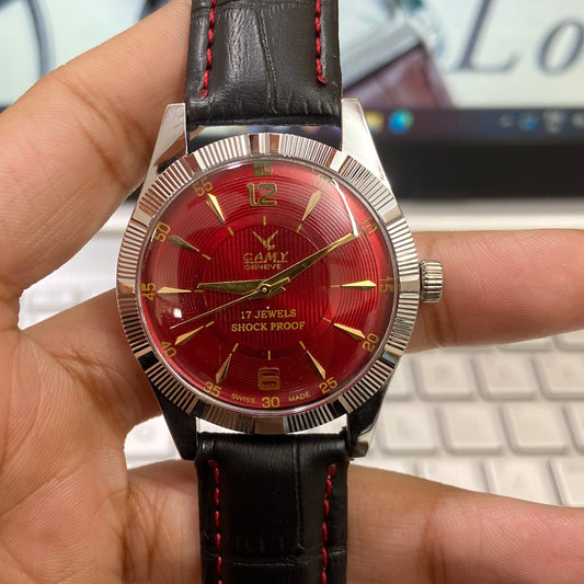 Vintage Camy Red Face Silver Case Mechanical Hand Winding 17 jewels Fluted Bezel Black Band Men's Wrist Watch D91