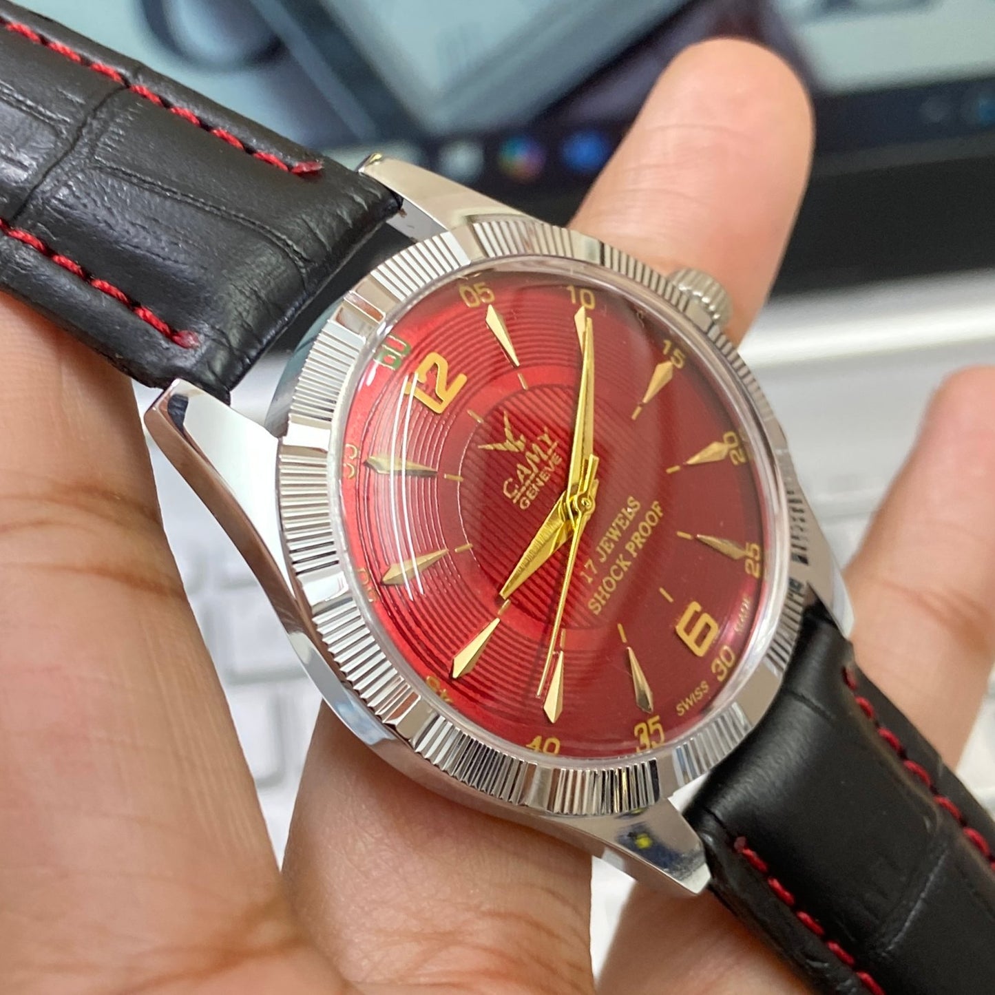 Vintage Camy Red Face Silver Case Mechanical Hand Winding 17 jewels Fluted Bezel Black Band Men's Wrist Watch D91