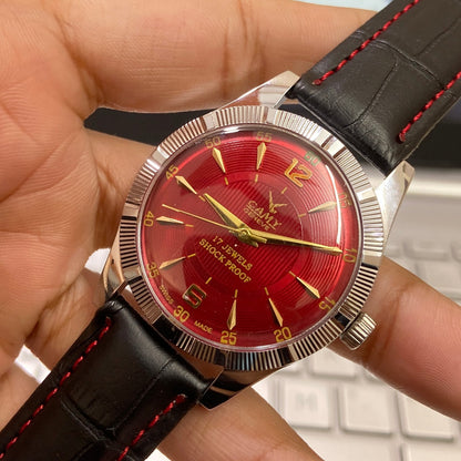 Vintage Camy Red Face Silver Case Mechanical Hand Winding 17 jewels Fluted Bezel Black Band Men's Wrist Watch D91