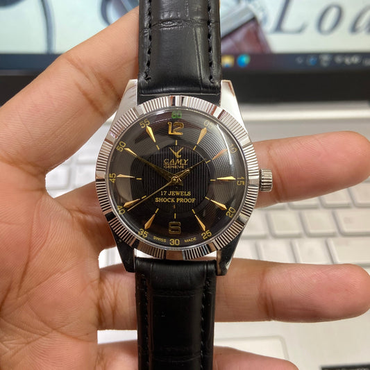 Vintage Camy Black Face Silver Case Mechanical Hand Winding 17 jewels Fluted Bezel Black Band Men's Wrist Watch D93