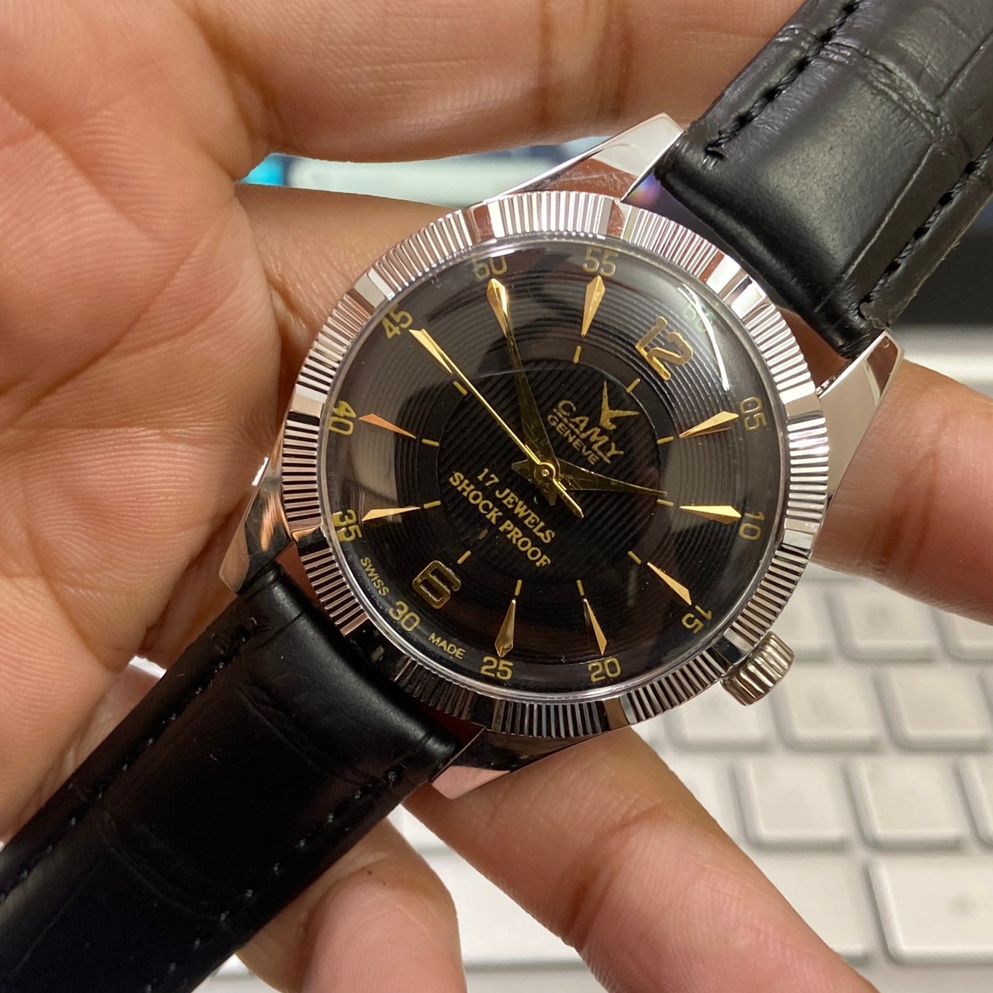 Vintage Camy Black Face Silver Case Mechanical Hand Winding 17 jewels Fluted Bezel Black Band Men's Wrist Watch D93