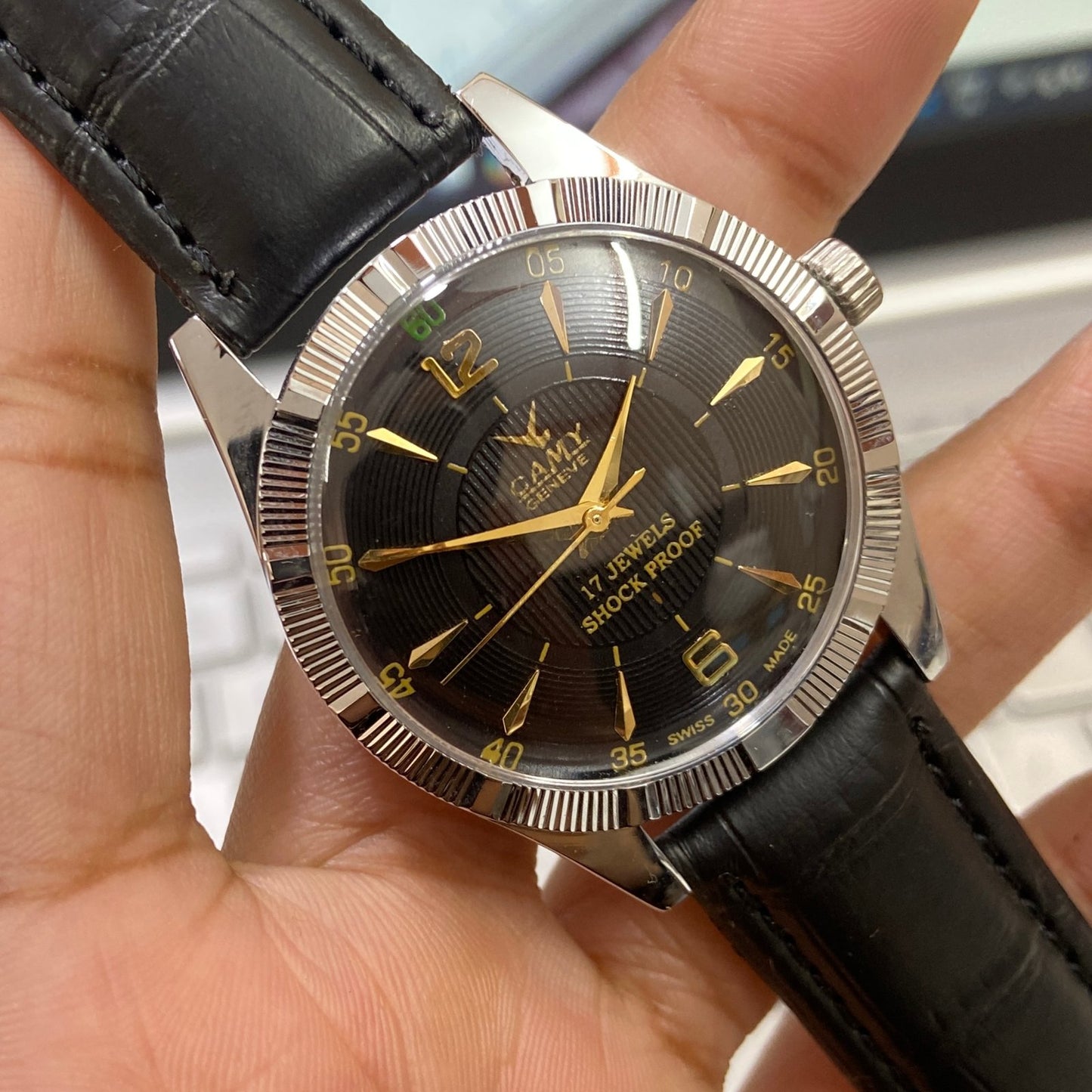Vintage Camy Black Face Silver Case Mechanical Hand Winding 17 jewels Fluted Bezel Black Band Men's Wrist Watch D93