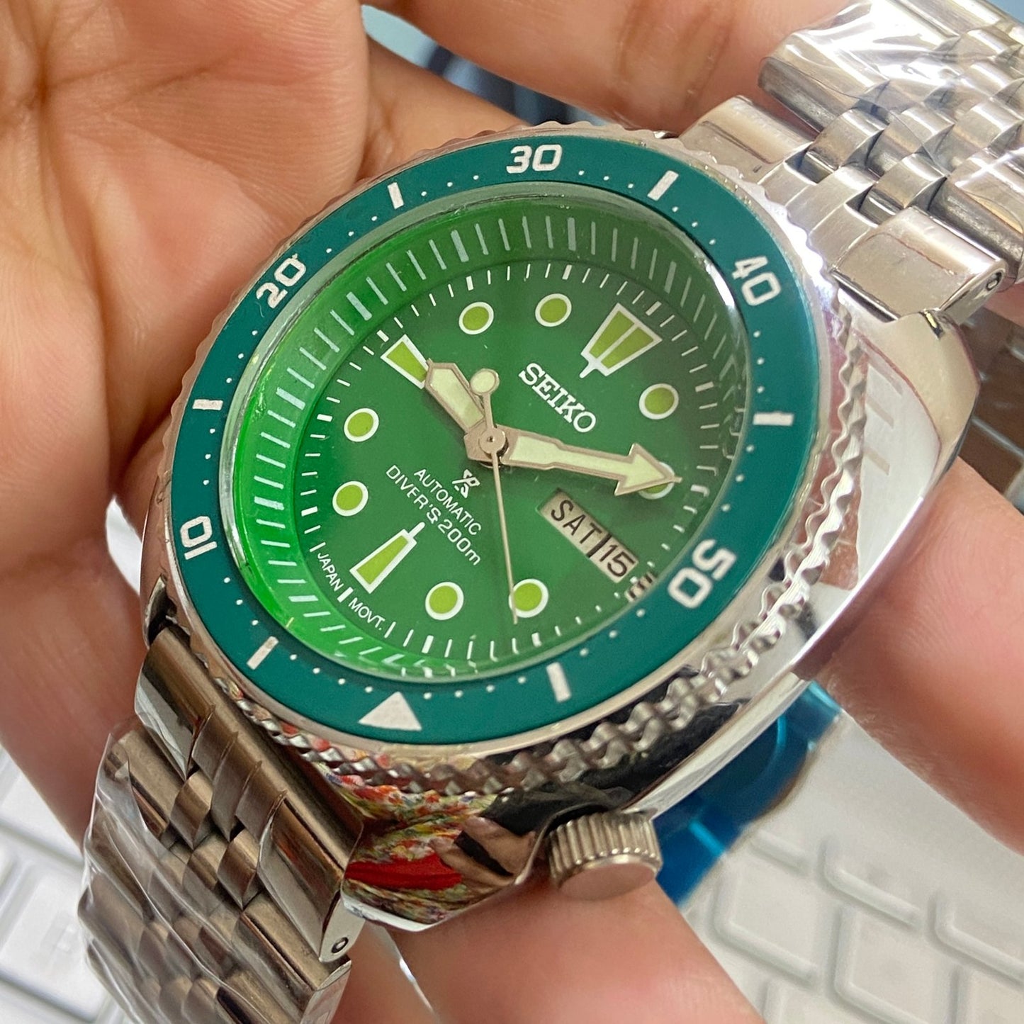 Vintage Seiko Turtle Automatic Green Face Cal. 6309 Green Rotating Bezel 17 Jewels Day-Date Men's Wrist Watch D97