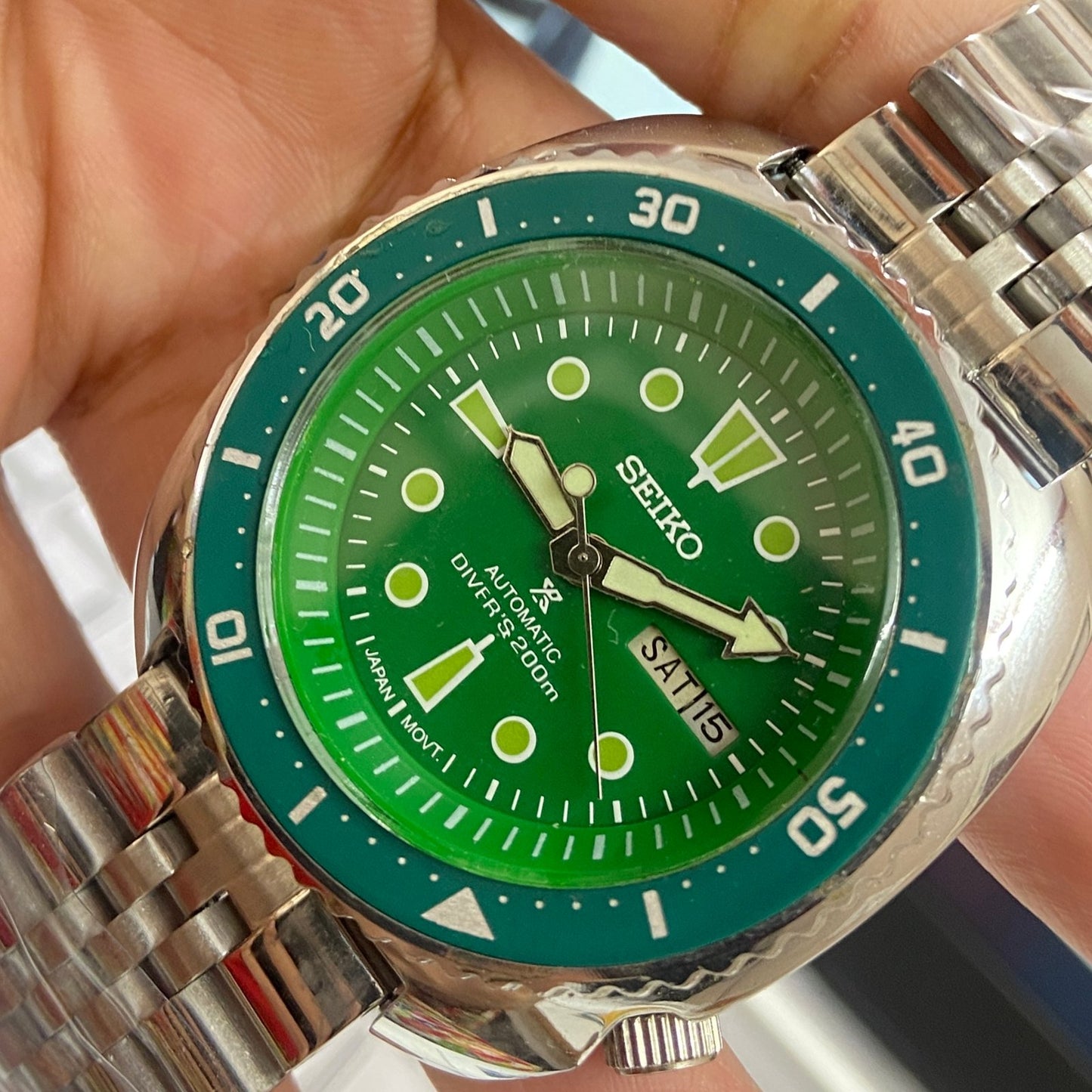 Vintage Seiko Turtle Automatic Green Face Cal. 6309 Green Rotating Bezel 17 Jewels Day-Date Men's Wrist Watch D97