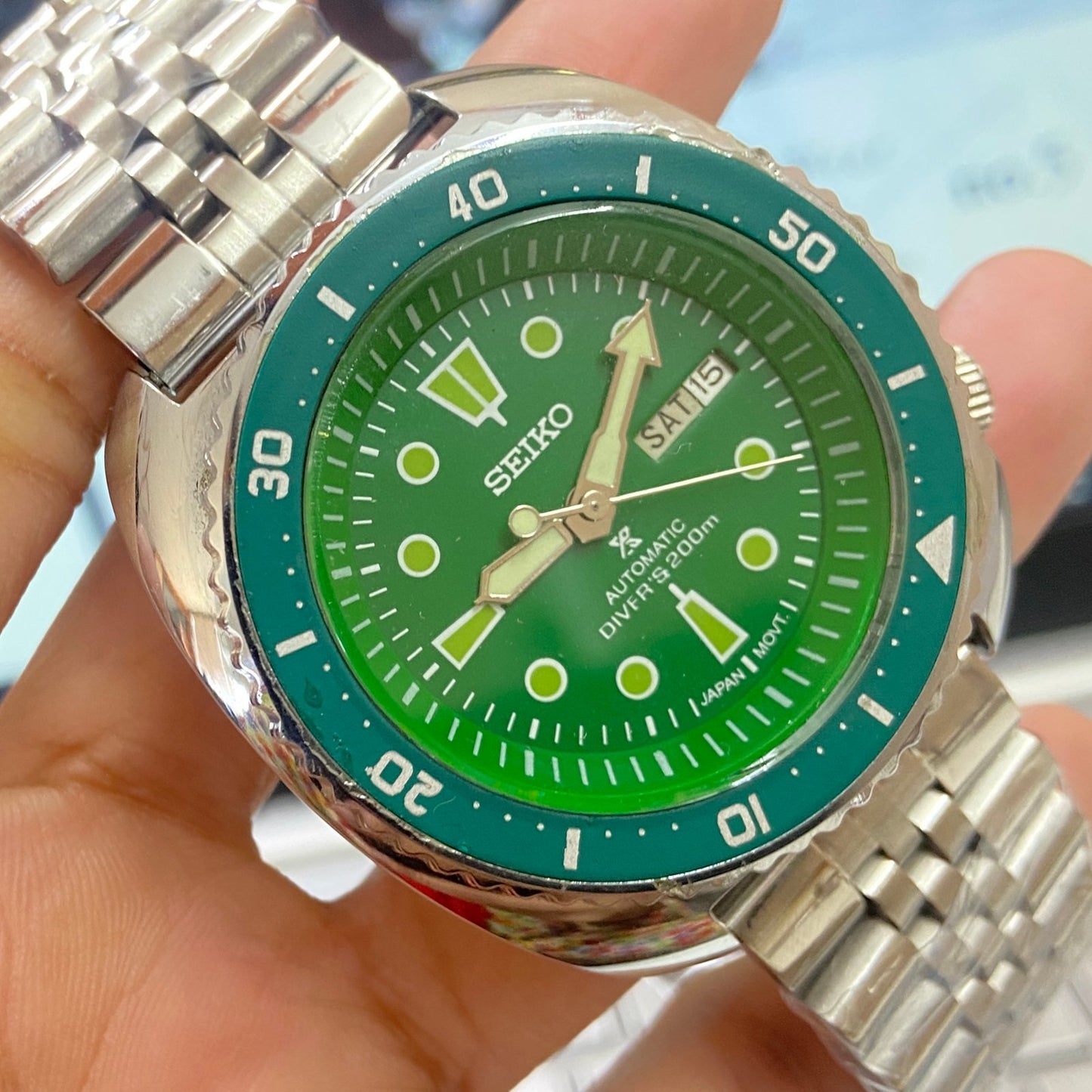 Vintage Seiko Turtle Automatic Green Face Cal. 6309 Green Rotating Bezel 17 Jewels Day-Date Men's Wrist Watch D97