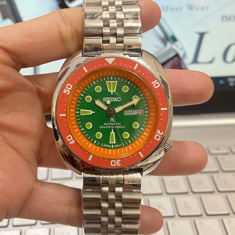 Vintage MOD Seiko Turtle Automatic Green Face Cal. 6309 Orange Rotating Bezel 17 Jewels Day-Date Men's Wrist Watch D98