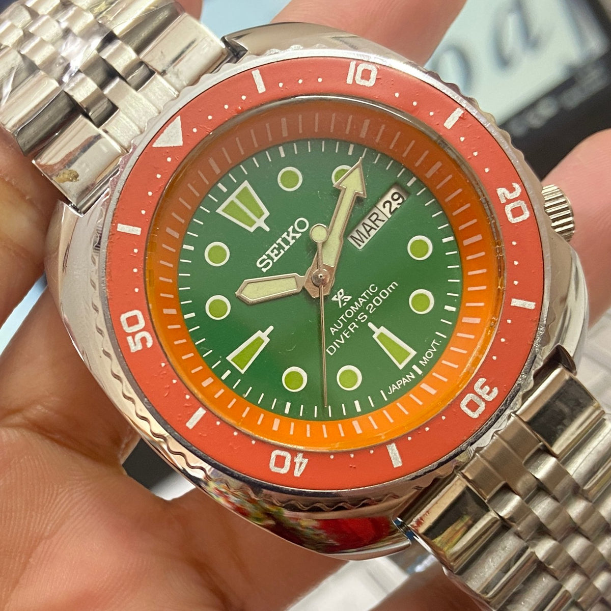 Vintage MOD Seiko Turtle Automatic Green Face Cal. 6309 Orange Rotating Bezel 17 Jewels Day-Date Men's Wrist Watch D98
