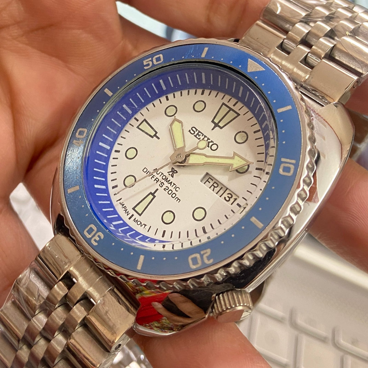 Vintage MOD Seiko Turtle Automatic White Face Cal. 6309 Blue Rotating Bezel 17Jewels Day-Date Men's Wrist Watch E01