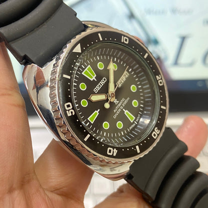 Vintage Seiko Turtle Automatic Black Face Cal. 6309 Rotating Bezel 17Jewels Day-Date Silicone Strap Men's Wrist Watch E02