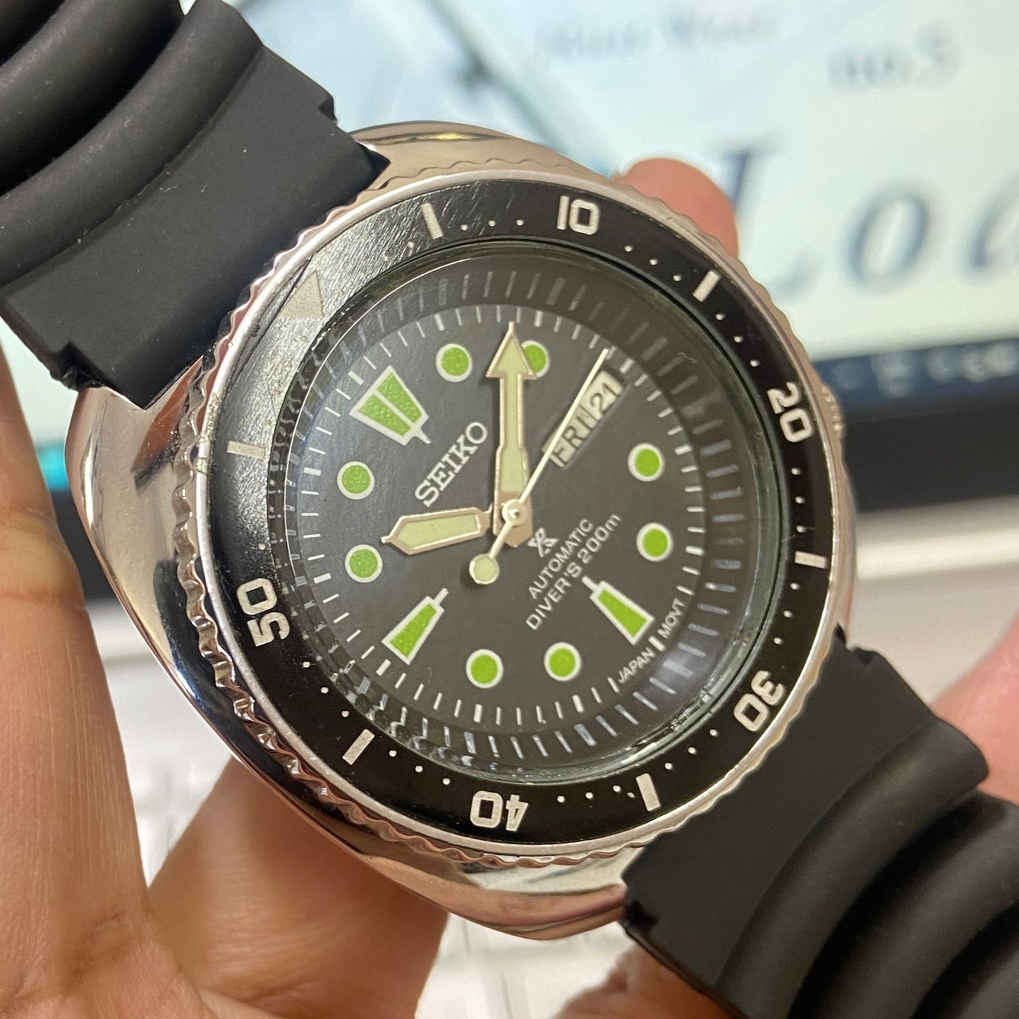 Vintage Seiko Turtle Automatic Black Face Cal. 6309 Rotating Bezel 17Jewels Day-Date Silicone Strap Men's Wrist Watch E02