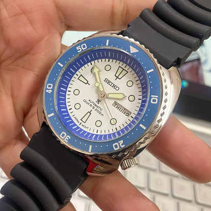 Vintage Seiko Turtle Automatic White Face Cal. 6309 Rotating Bezel 17Jewels Day-Date Silicone Strap Men's Wrist E03