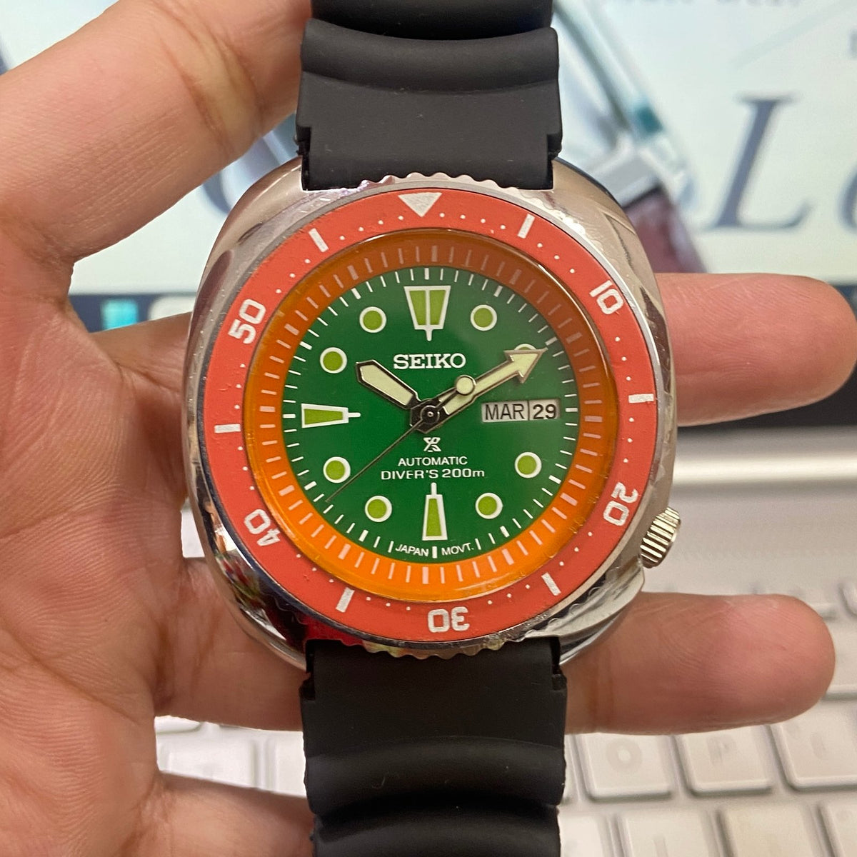 Vintage MOD Seiko Turtle Automatic Green Face Cal. 6309 Rotating Bezel 17Jewels Day-Date Silicone Strap Men's Wrist Watch E04