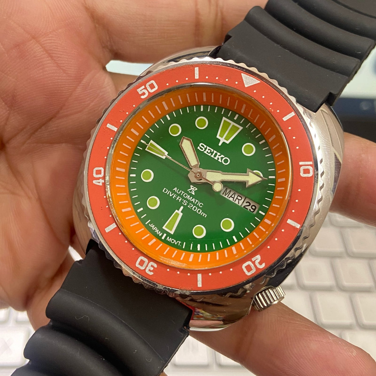 Vintage MOD Seiko Turtle Automatic Green Face Cal. 6309 Rotating Bezel 17Jewels Day-Date Silicone Strap Men's Wrist Watch E04