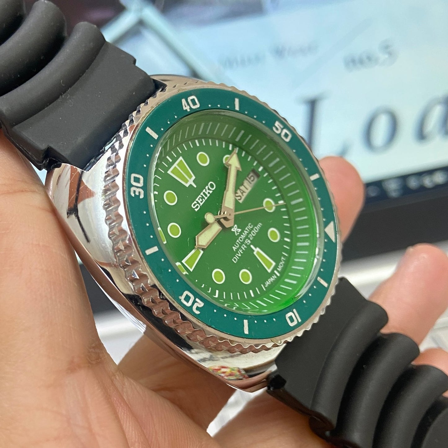 Vintage Seiko Turtle Automatic Green Face Cal. 6309 Rotating Bezel 17Jewels Day-Date Silicone Strap Men's Wrist Watch E05