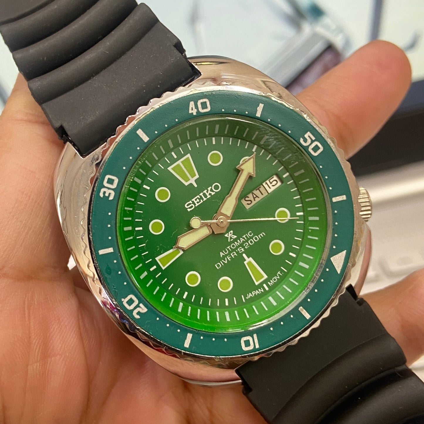 Vintage Seiko Turtle Automatic Green Face Cal. 6309 Rotating Bezel 17Jewels Day-Date Silicone Strap Men's Wrist Watch E05