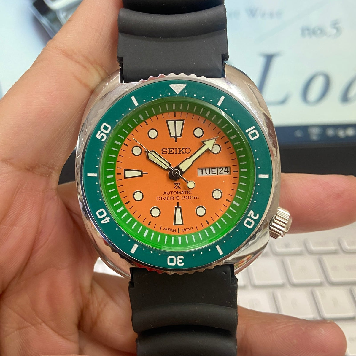 Vintage MOD Seiko Turtle Automatic Orange Face Cal. 6309 Rotating Bezel 17Jewels Day-Date Silicone Strap Men's Wrist E06
