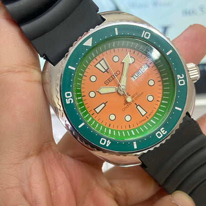 Vintage Seiko Turtle Automatic Orange Face Cal. 6309 Rotating Bezel 17Jewels Day-Date Silicone Strap Men's Wrist E06