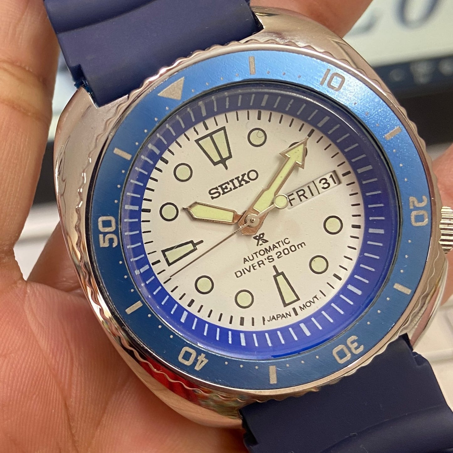 Vintage Seiko Turtle Automatic White Face Cal. 6309 Rotating Bezel 17Jewels Day-Date Silicone Strap Men's Wrist Watch E07