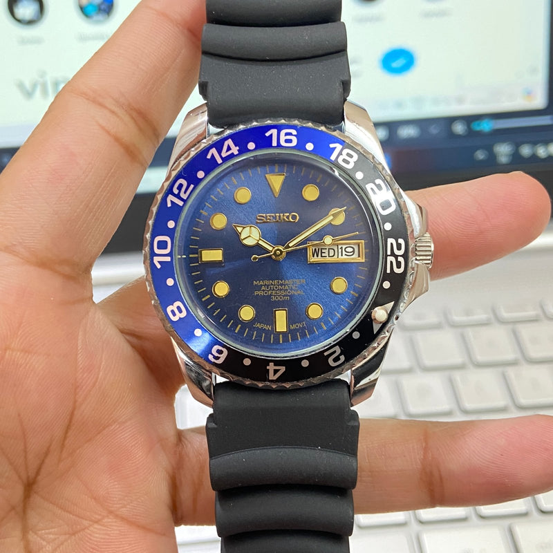Vintage MOD Seiko MarineMaster Automatic Blue Face Cal. 6309 Rotating Bezel Day-Date Silicone Strap Men's Wrist Watch E08