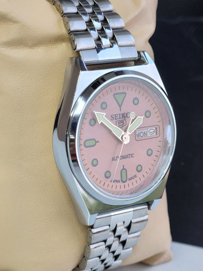 Vintage Mod Seiko 5 Automatic 6309A 17 Jewels Japan Men's Day-Date Peach Face Wrist Watch E11