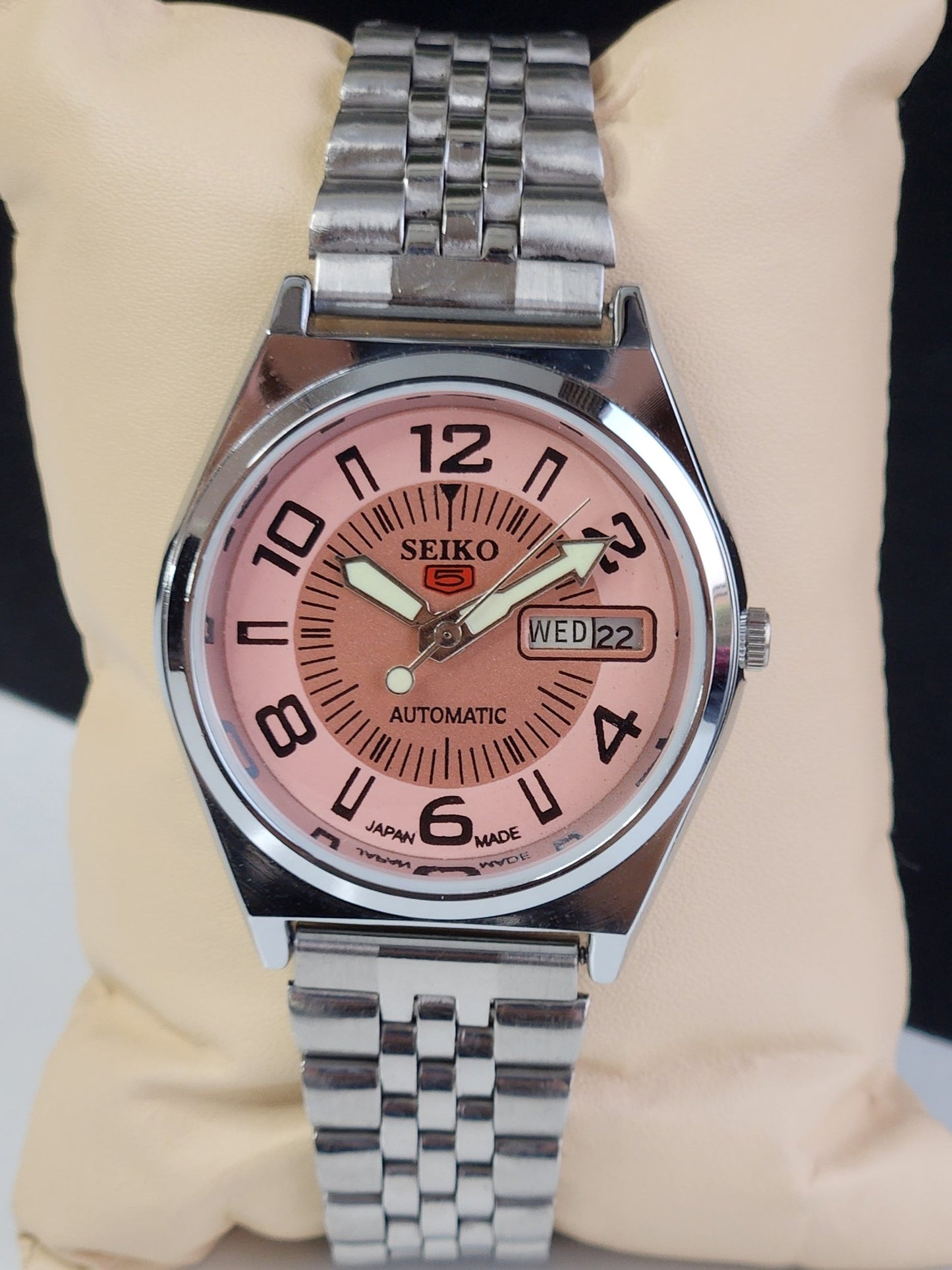Vintage Mod Seiko 5 Automatic 6309A 17 Jewels Japan Men's Day-Date Copper Face Wrist Watch E12