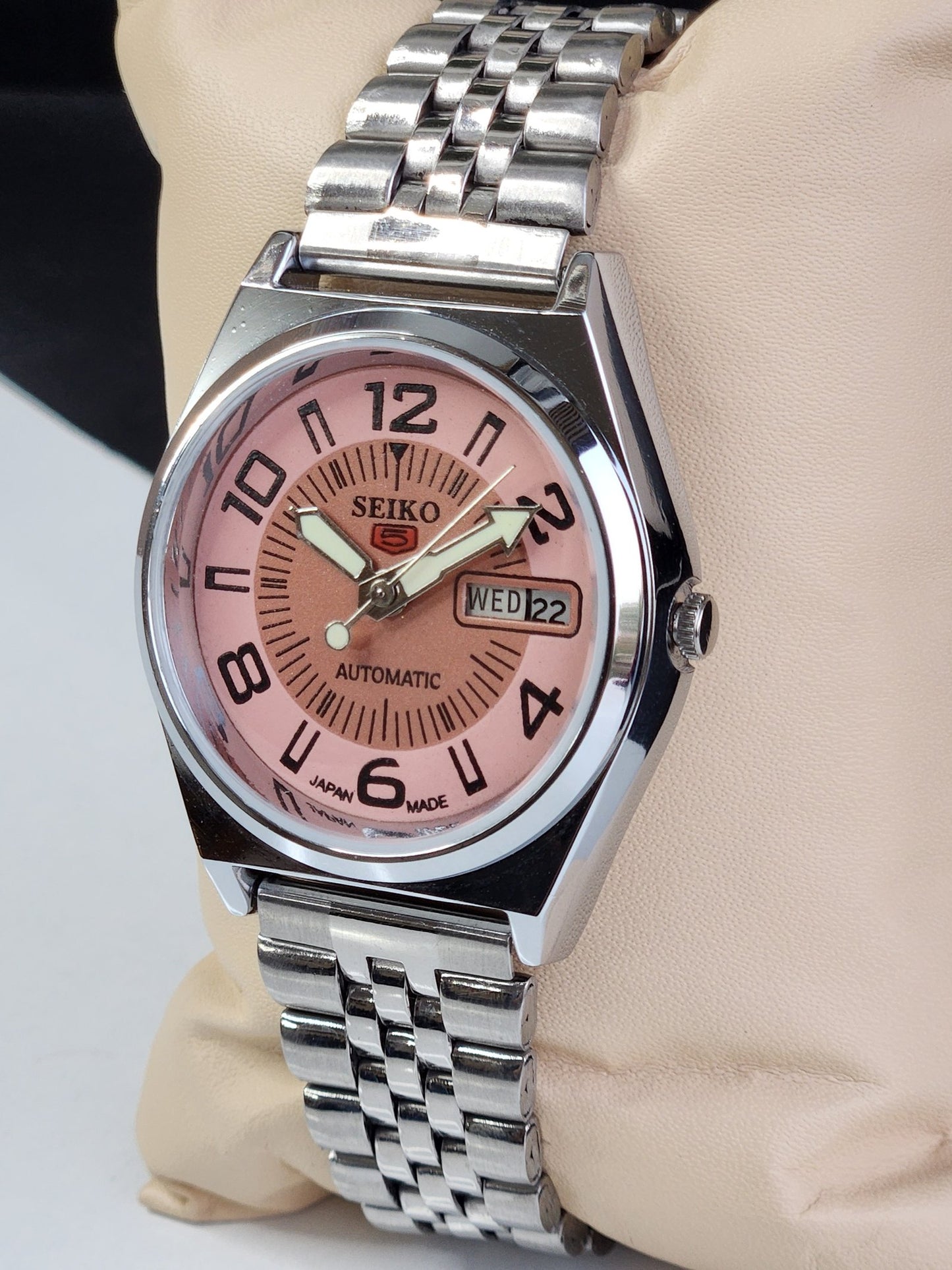 Vintage Mod Seiko 5 Automatic 6309A 17 Jewels Japan Men's Day-Date Copper Face Wrist Watch E12