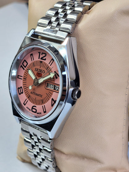 Vintage Mod Seiko 5 Automatic 6309A 17 Jewels Japan Men's Day-Date Copper Face Wrist Watch E12