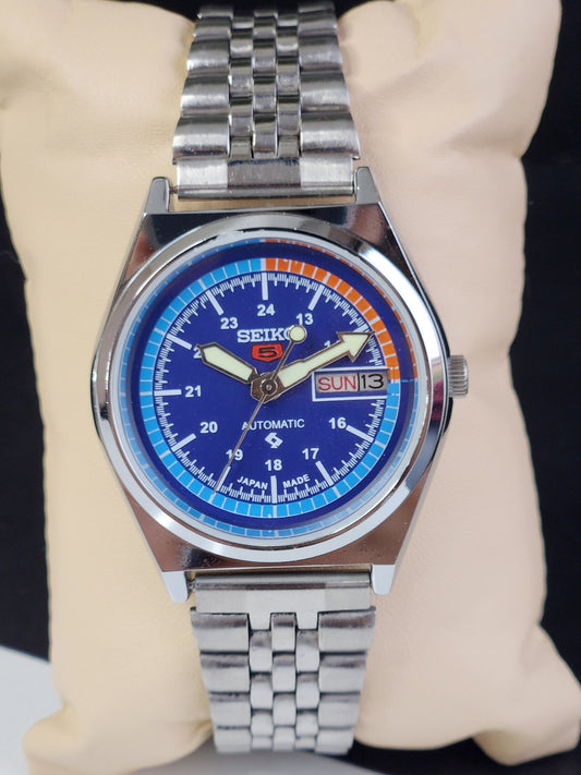 Vintage Mod Seiko 5 Automatic 6309A 17 Jewels Japan Men's Day-Date Blue Face Wrist Watch E13