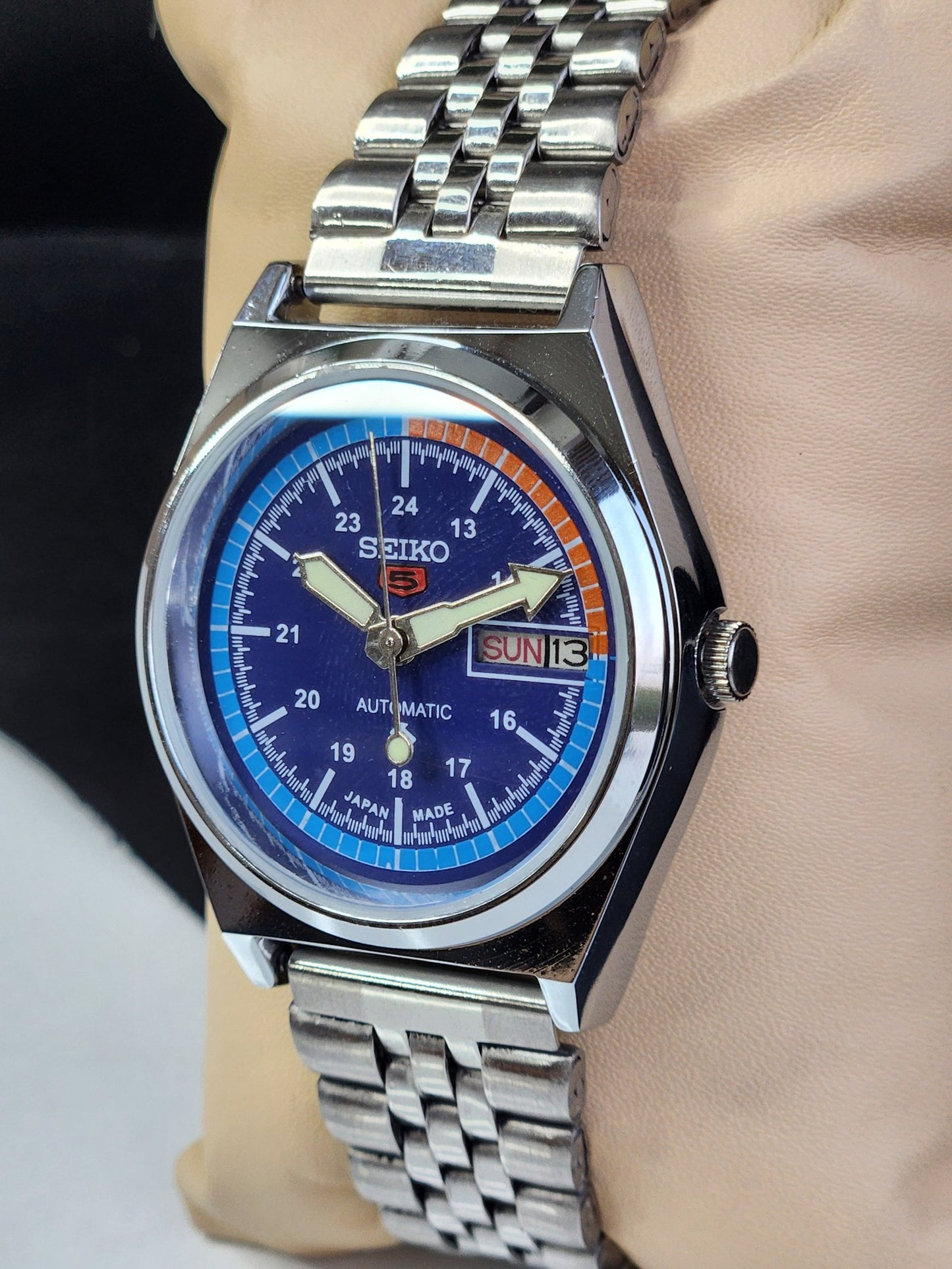 Vintage Mod Seiko 5 Automatic 6309A 17 Jewels Japan Men's Day-Date Blue Face Wrist Watch E13
