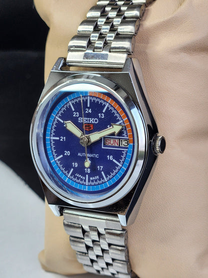 Vintage Mod Seiko 5 Automatic 6309A 17 Jewels Japan Men's Day-Date Blue Face Wrist Watch E13