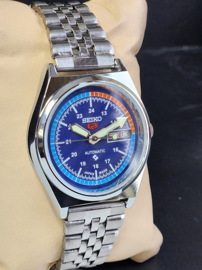 Vintage Mod Seiko 5 Automatic 6309A 17 Jewels Japan Men's Day-Date Blue Face Wrist Watch E13
