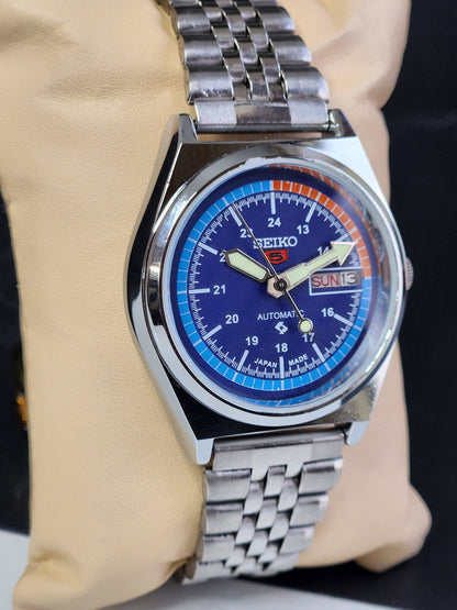 Vintage Mod Seiko 5 Automatic 6309A 17 Jewels Japan Men's Day-Date Blue Face Wrist Watch E13