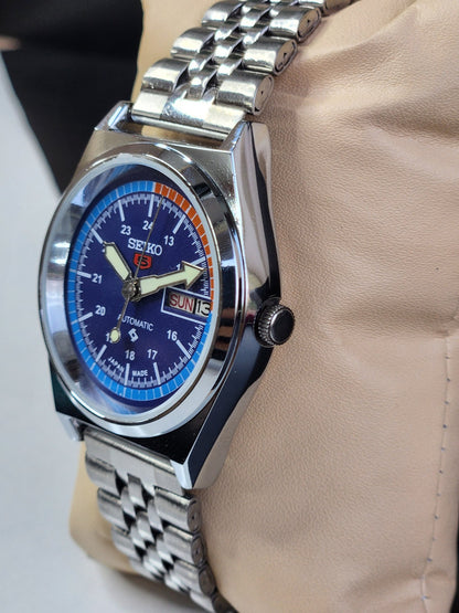 Vintage Mod Seiko 5 Automatic 6309A 17 Jewels Japan Men's Day-Date Blue Face Wrist Watch E13