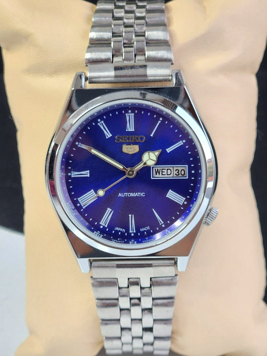 Vintage Mod Seiko 5 Automatic 6309A 17 Jewels Japan Men's Day-Date Blue Face Wrist Watch E14
