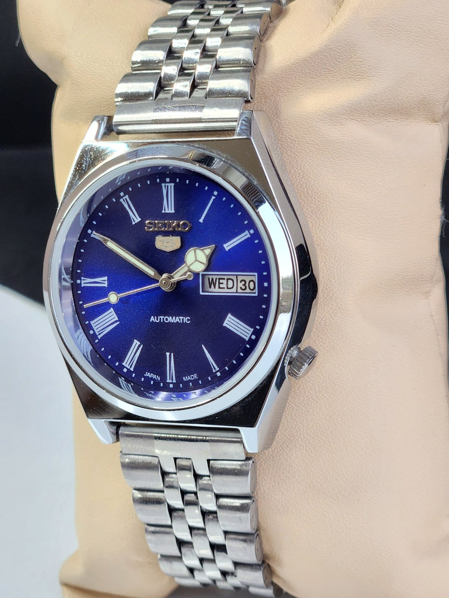 Vintage Mod Seiko 5 Automatic 6309A 17 Jewels Japan Men's Day-Date Blue Face Wrist Watch E14