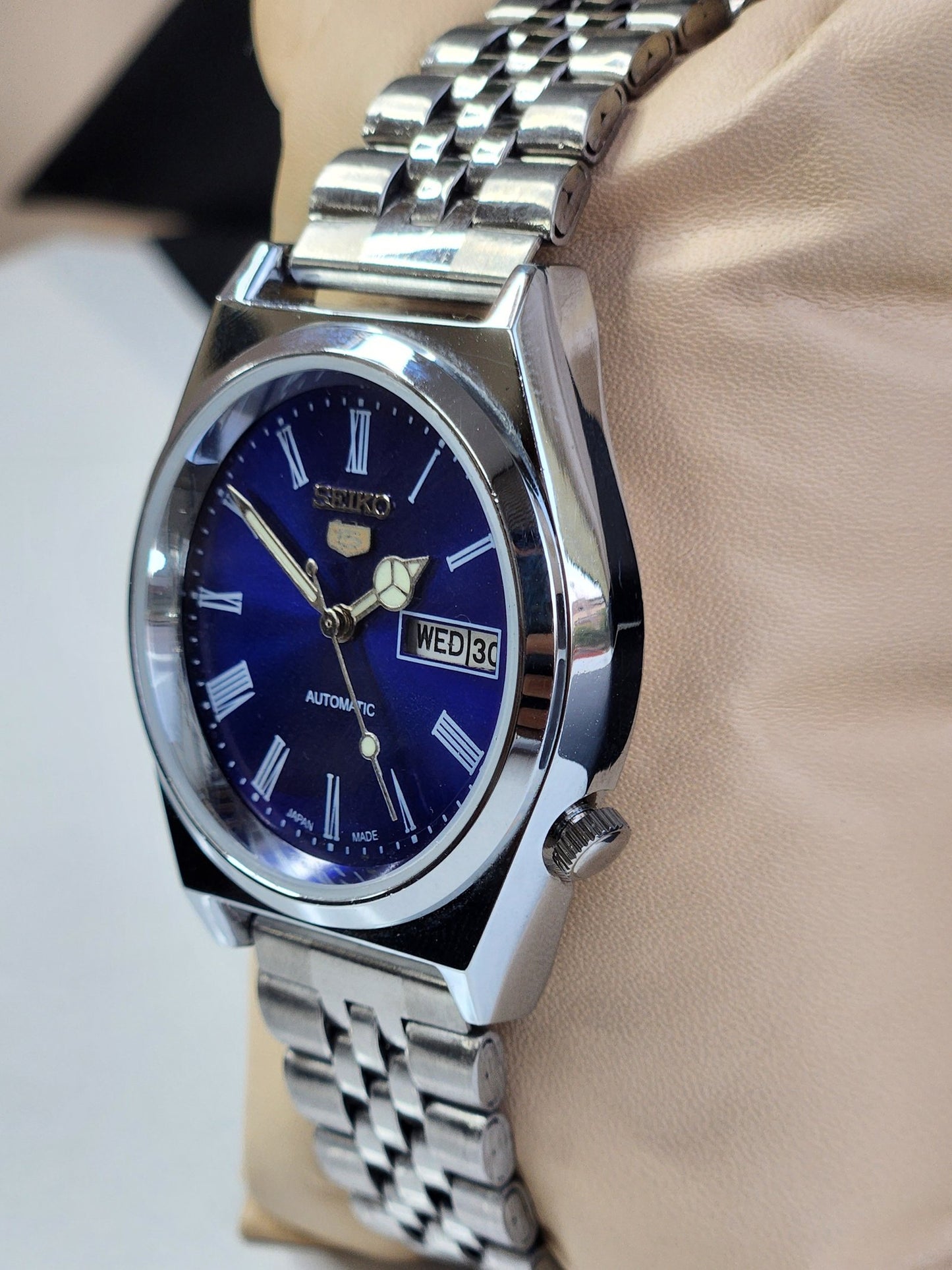 Vintage Mod Seiko 5 Automatic 6309A 17 Jewels Japan Men's Day-Date Blue Face Wrist Watch E14