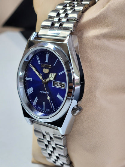 Vintage Mod Seiko 5 Automatic 6309A 17 Jewels Japan Men's Day-Date Blue Face Wrist Watch E14