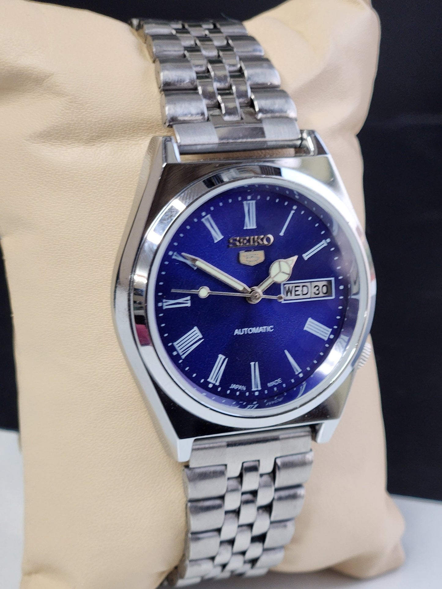 Vintage Mod Seiko 5 Automatic 6309A 17 Jewels Japan Men's Day-Date Blue Face Wrist Watch E14