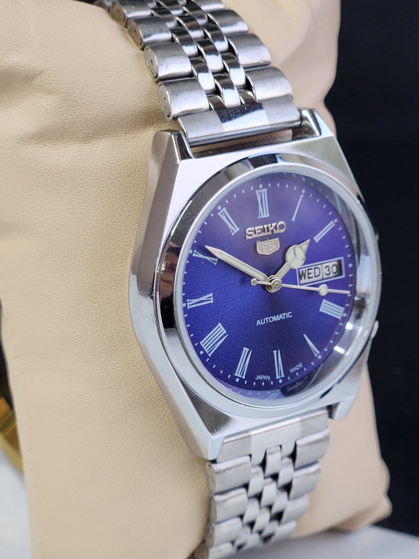 Vintage Mod Seiko 5 Automatic 6309A 17 Jewels Japan Men's Day-Date Blue Face Wrist Watch E14