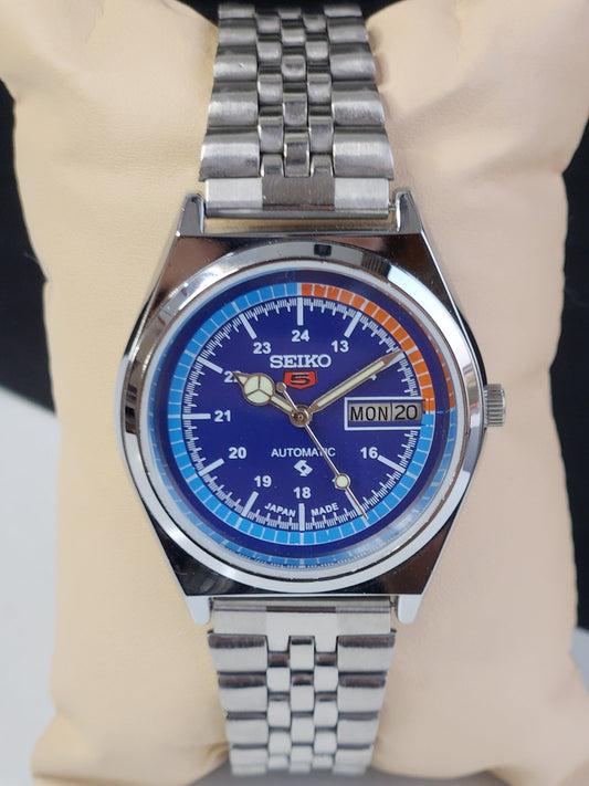 Vintage Mod Seiko 5 Automatic 6309A 17 Jewels Japan Men's Day-Date Blue Face Wrist Watch E15