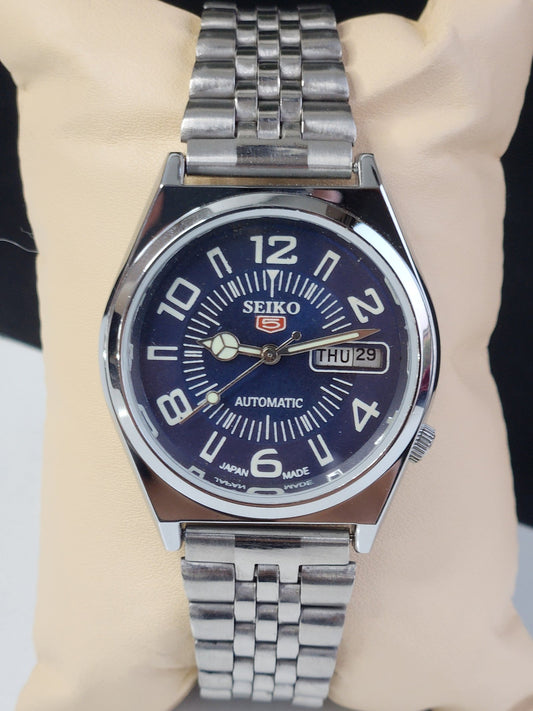 Vintage Mod Seiko 5 Automatic 6309A 17 Jewels Japan Men's Day-Date Blue Face Wrist Watch E16