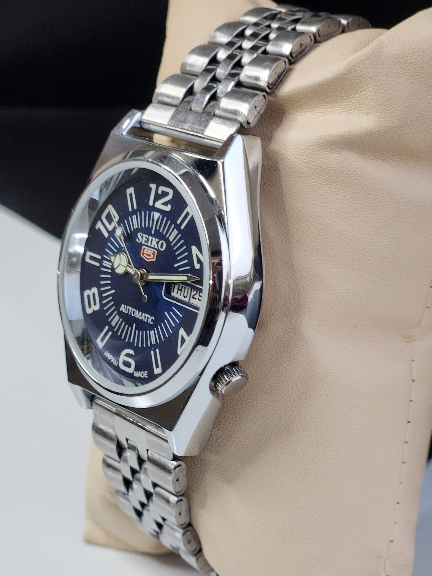 Vintage Mod Seiko 5 Automatic 6309A 17 Jewels Japan Men's Day-Date Blue Face Wrist Watch E16